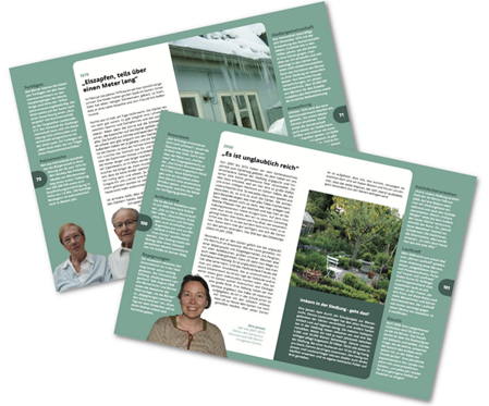 Zwei schräg überlappende Buchseiten mit grün/weißen Hintergrund inklusive Text und Fotos aus und über die Siedlung.